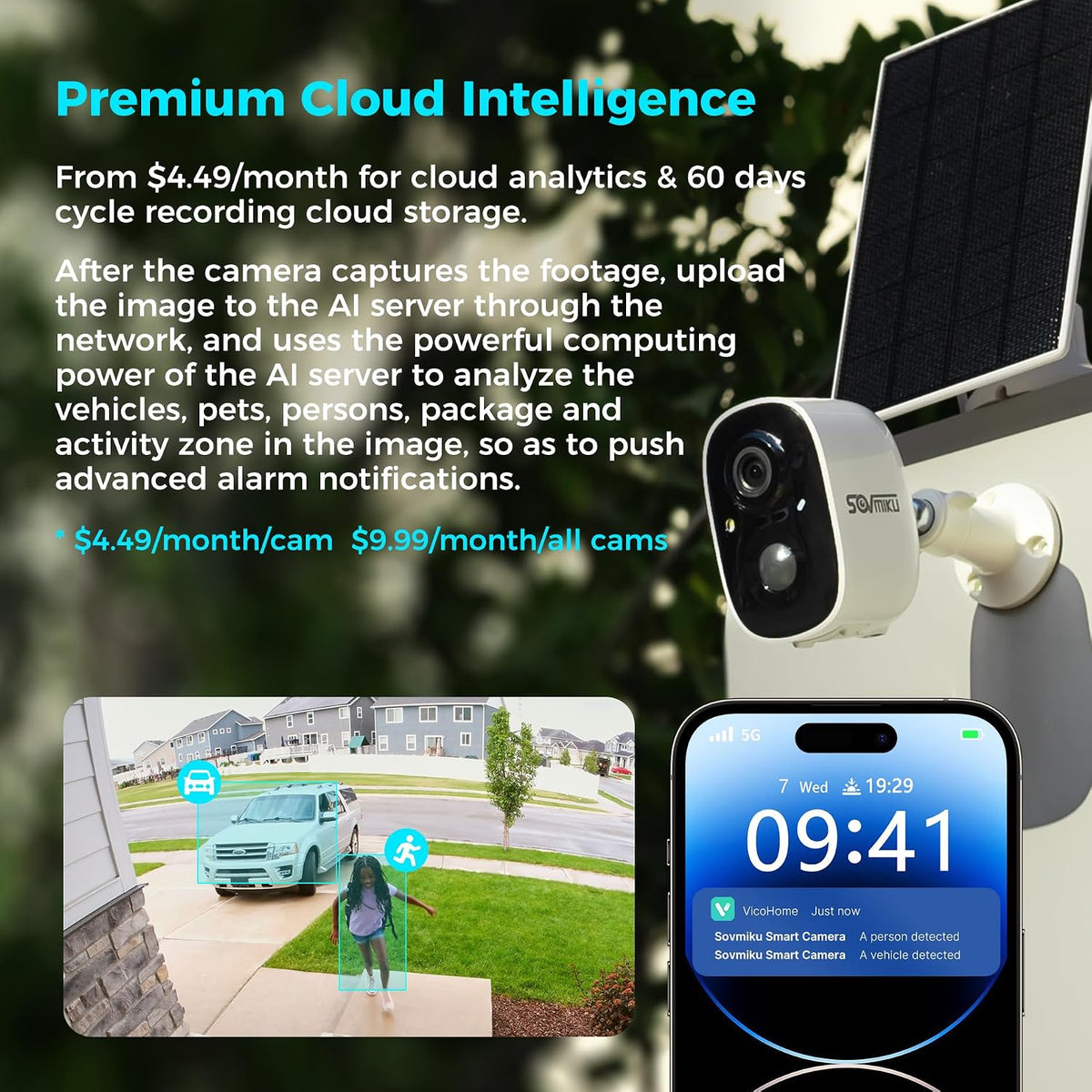 vicohome 2cg6 2k solar security camera, wireless outdoor showing dimensions