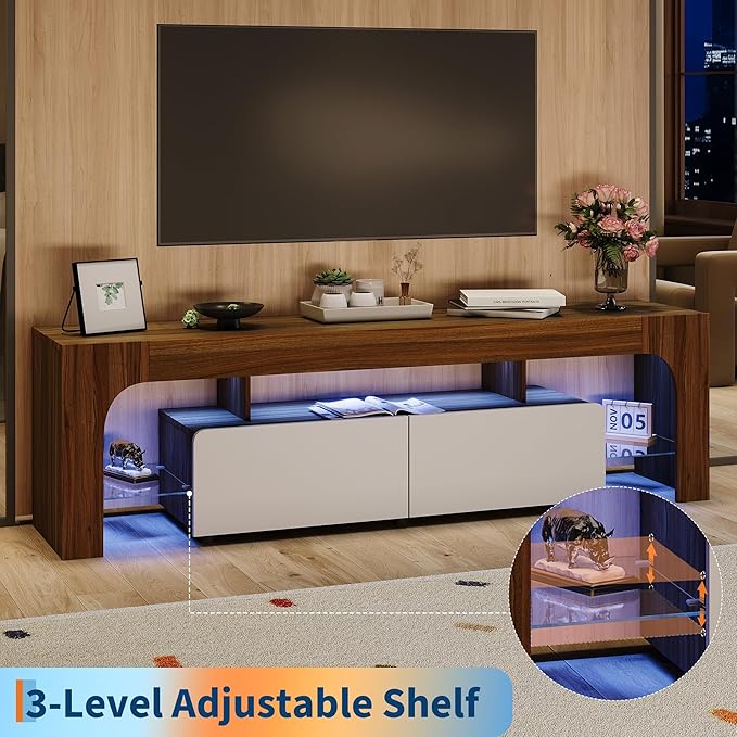 IDEALHOUSE LED TV Stand for 55 to 75 Inch TV, Walnut Entertainment Center