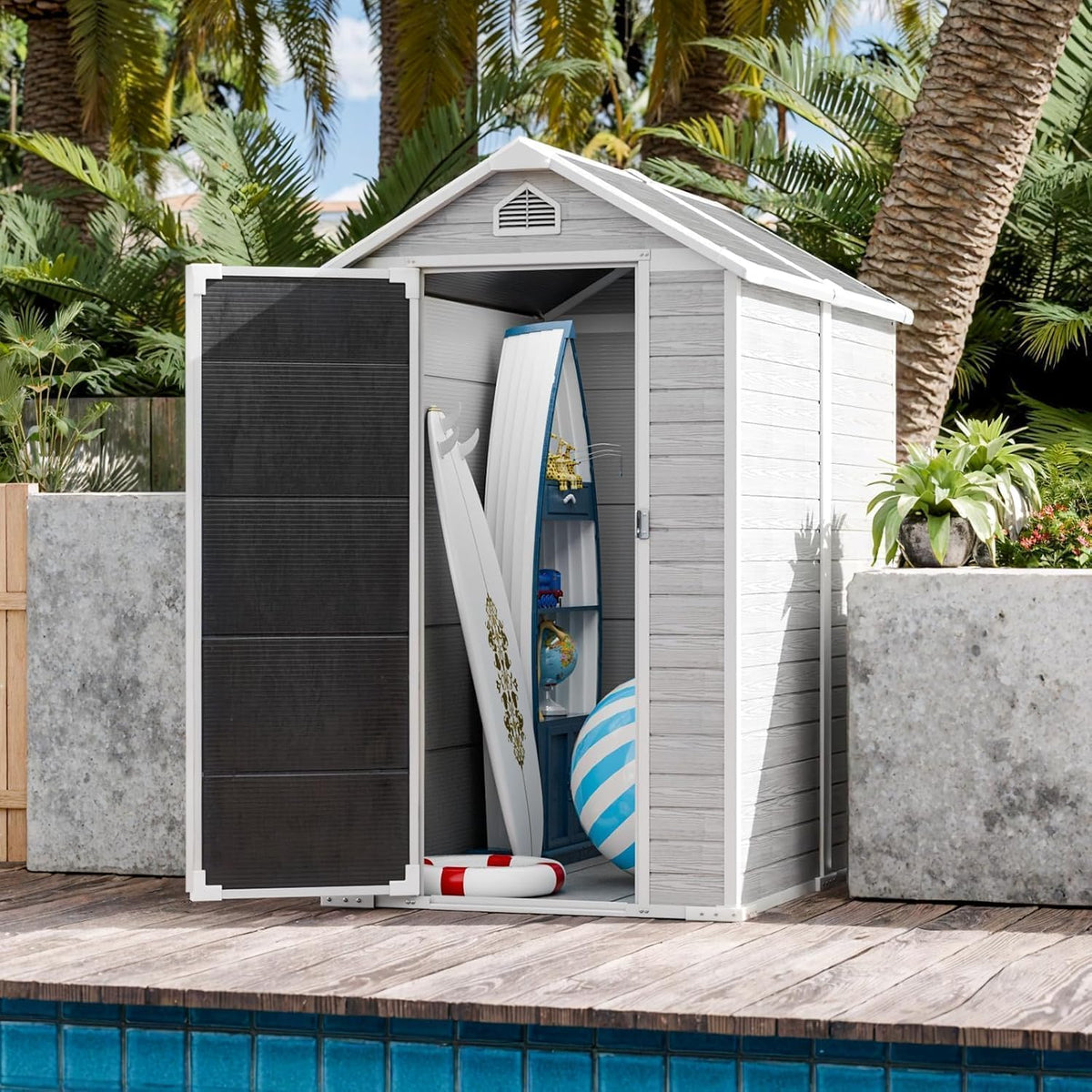 restland 4x6 ft resin storage shed with floor, side view