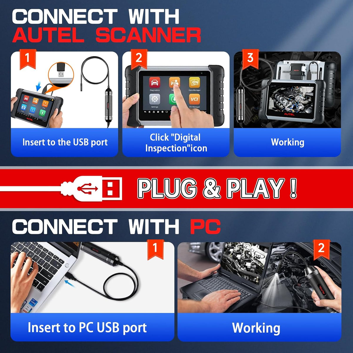 Autel MaxiVideo MV108S USB Endoscope, Waterproof 8.5mm Imager Inspection Camera with Light, 1920x1080 HD 2MP Borescope for Autel Scanner & PC, Upgrade of MV108 MV105, Snake Camera with 1M Cable