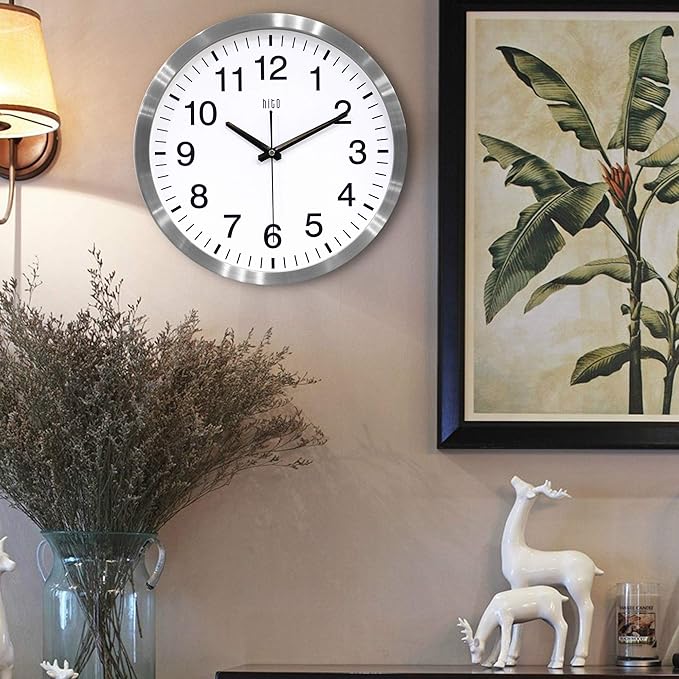 HITO 14" Silent Wall Clock Battery Operated Non Ticking Sweep Movement Glass