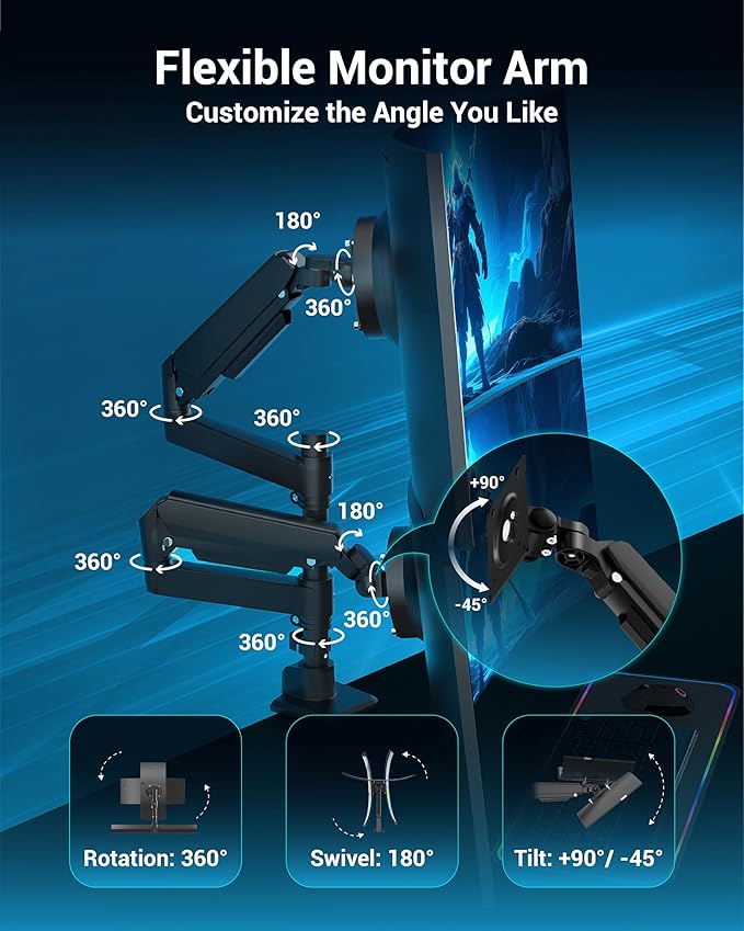 Ergounion Dual Monitor Arm for 13-49 Inch Ultrawide Screens, Heavy Duty Monitor