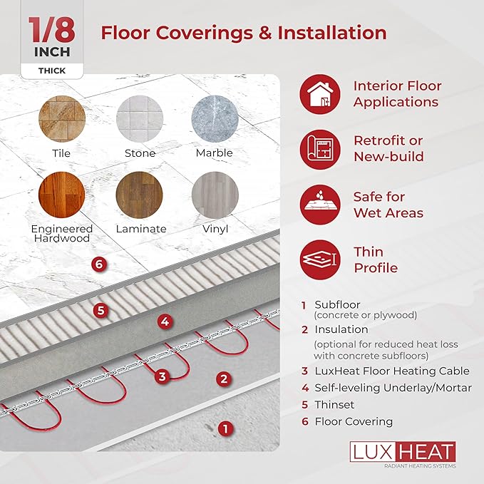 LuxHeat 70sqft Floor Heating Cable Kit - 240v In Floor Electric Heater Kit -