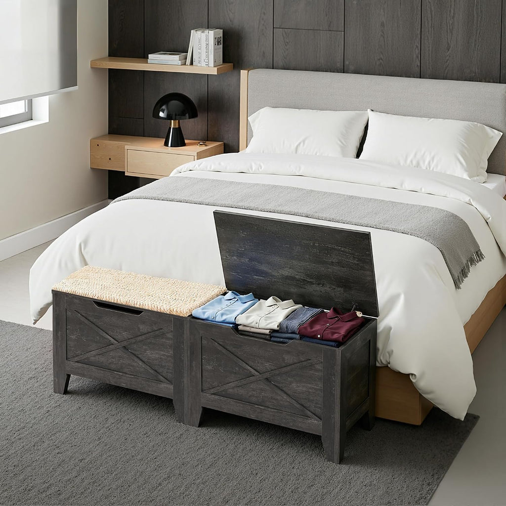 vecelo 30" storage bench, farmhouse entryway shoe ottoman showing dimensions