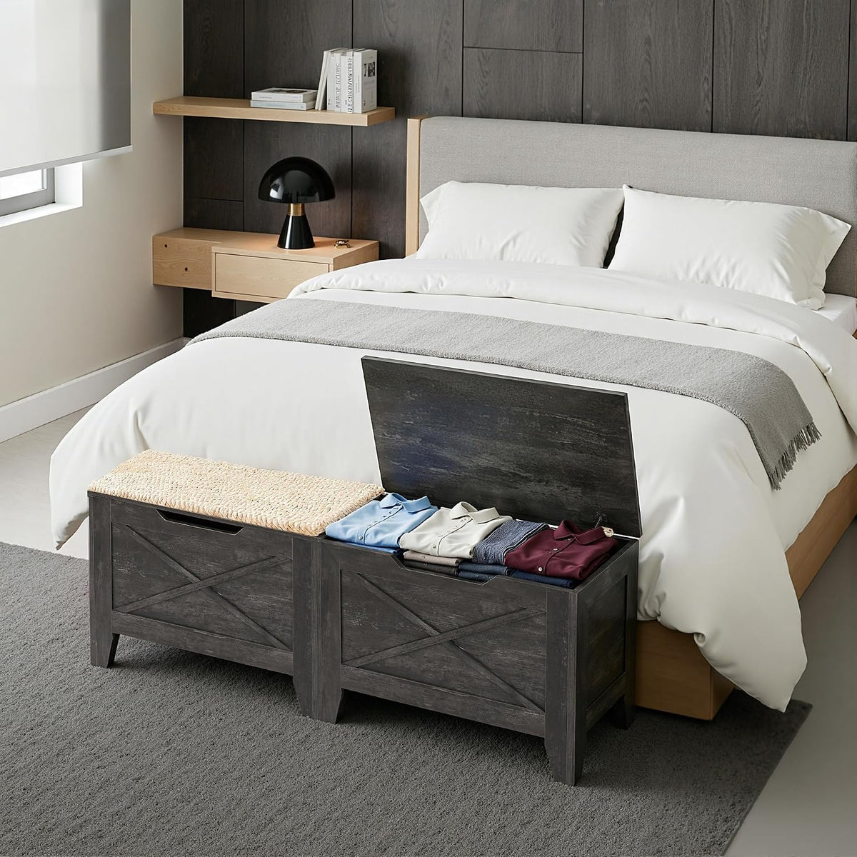vecelo 30" storage bench, farmhouse entryway shoe ottoman showing dimensions