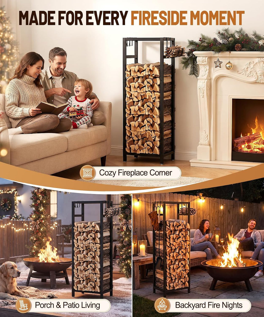 48.8in firewood rack indoor outdoor with hooks – on a desk or shelf