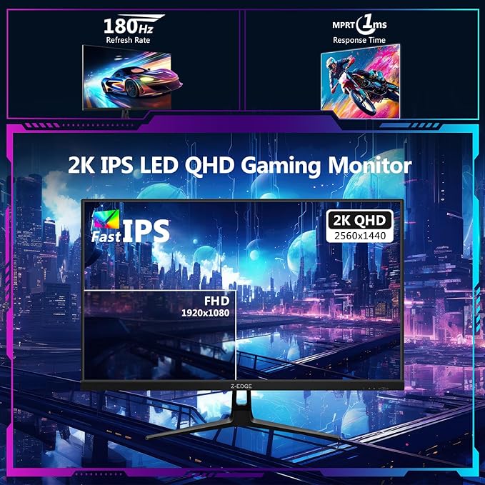 Z-Edge 27-inch Gaming Monitor QHD 2560 x 1440 2K, 180Hz Refresh Rate, 1ms MPRT