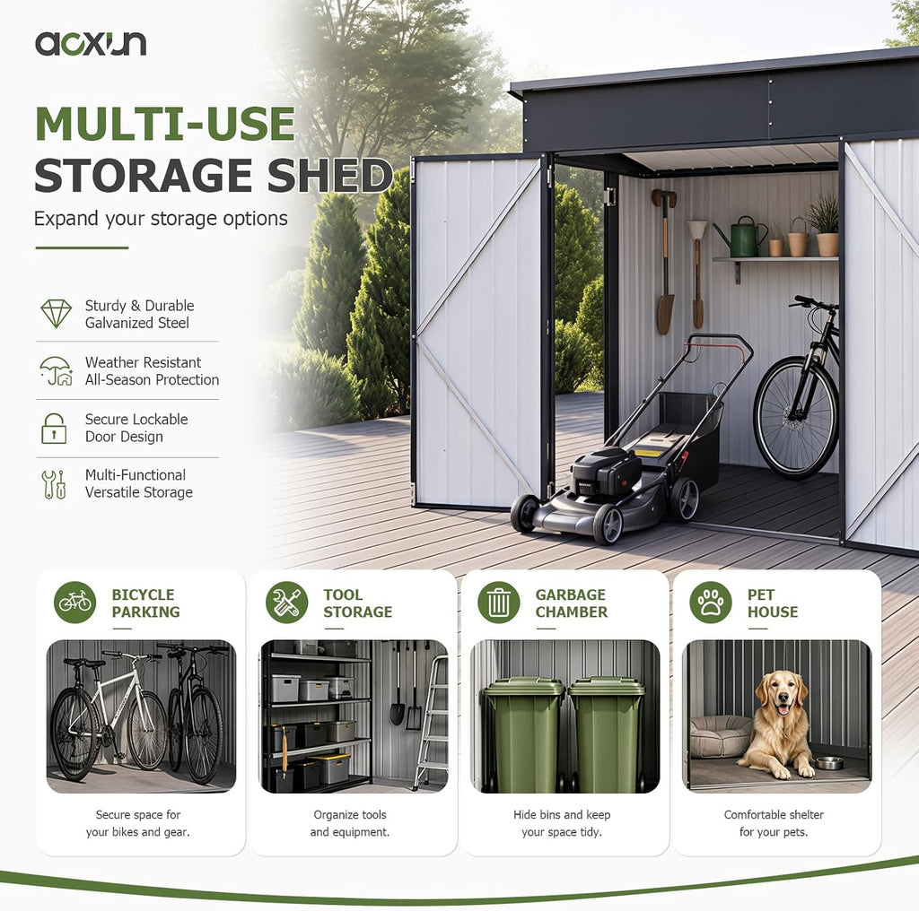 Aoxun 7.5'x4' Shed with 3 Doors & 14mm PP Floor & Magnetic Sensor Light