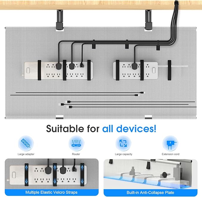 KIGJU Under Desk Cable Management Tray, 40-inch No-Drill Cord Organizer