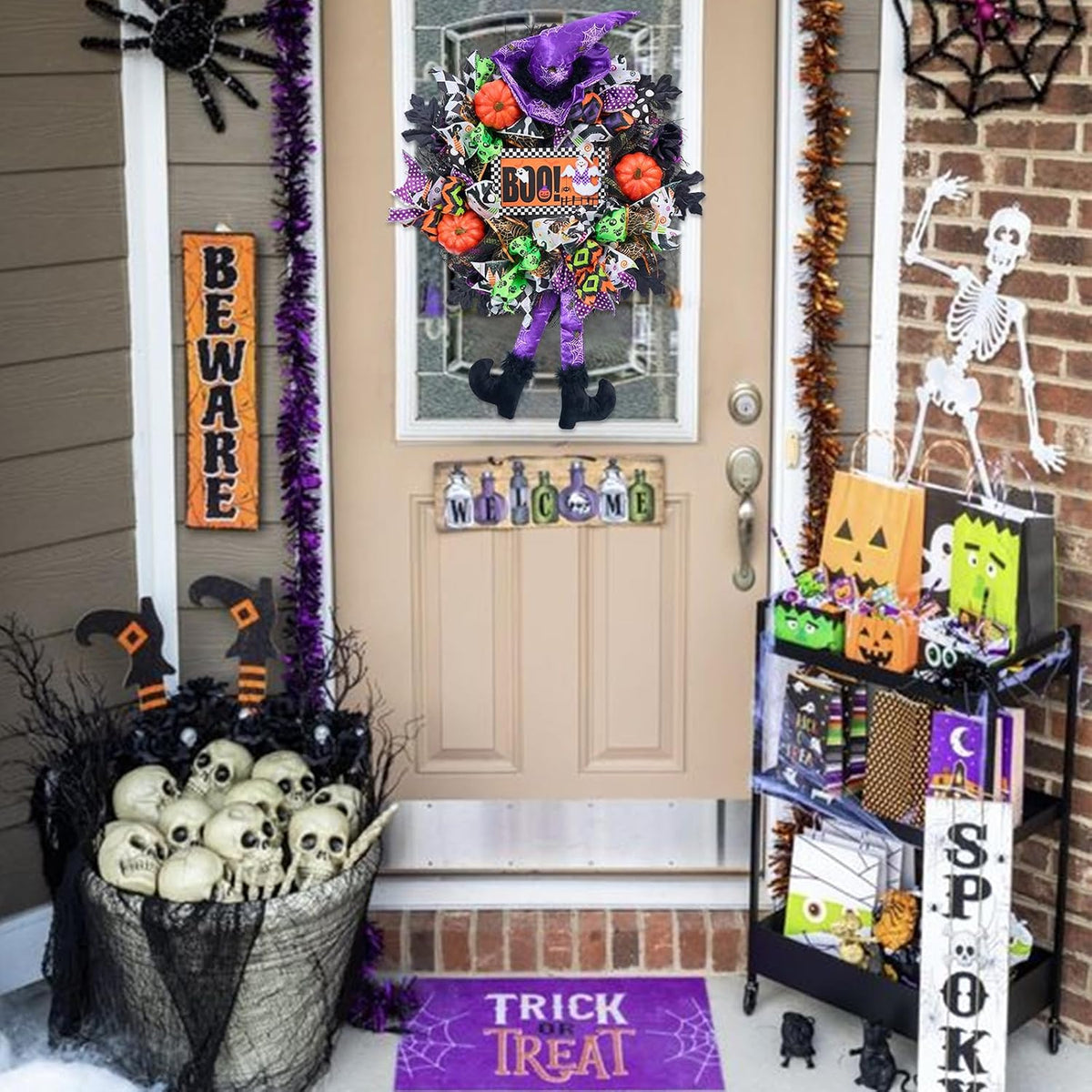 Halloween Wreath for Front Door,20 inch Whimsical mesh Wreath with Witch