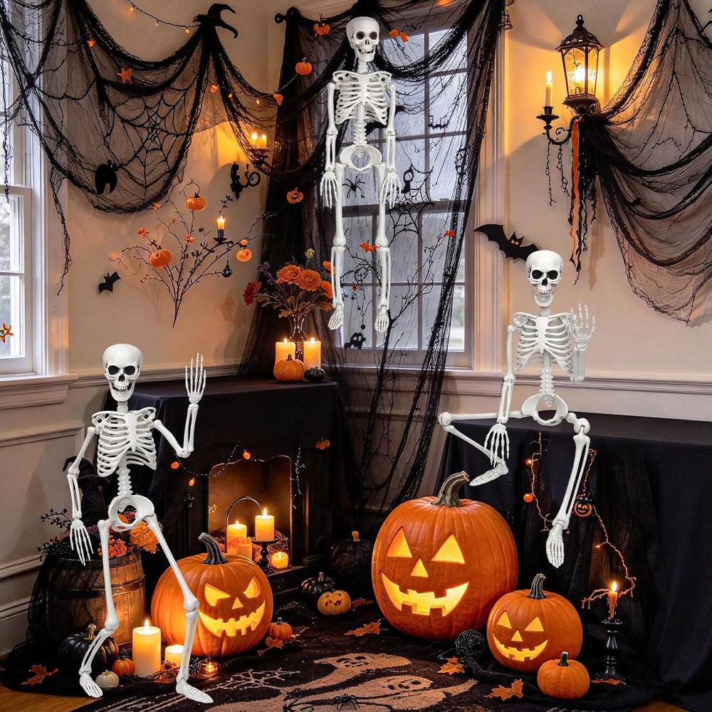 LCZTN 3 Pack 36in Halloween Skeletons,5 Pack 30x72in Black Creepy Cloth,300 s...