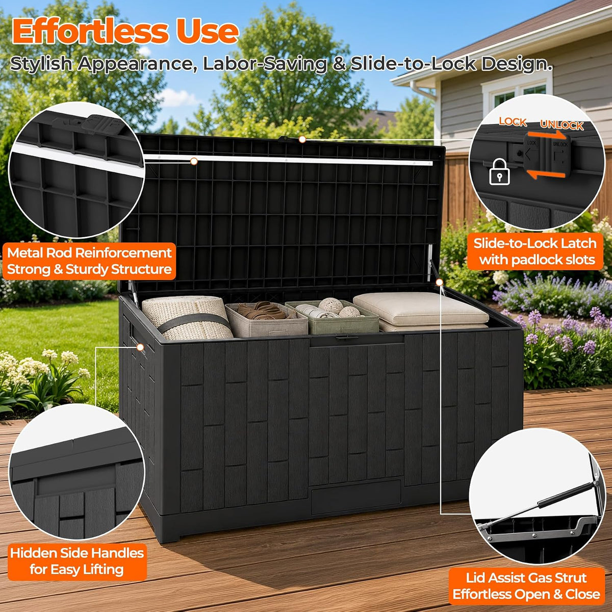 outdoor storage box, 120 gallon waterproof resin patio, side view