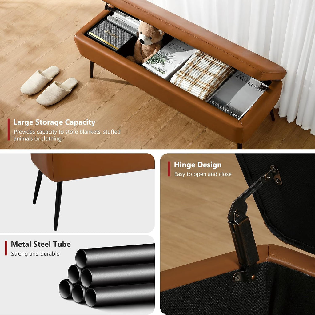 kinmars leather storage ottoman bench, end of bed, close-up detail