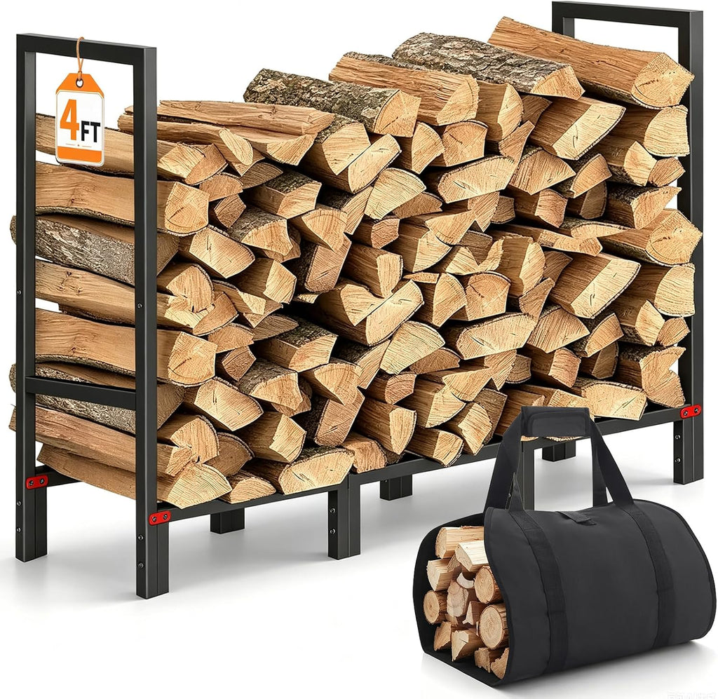 4FT Firewood Rack Indoor Outdoor with Log Carrier, Firewood Log Rack Holder with 4 Reinforced Metal Sheets for Fireplace Wood Storage, Heavy Duty Metal Pile Log Stand Stacker Holder for Patio Outdoor