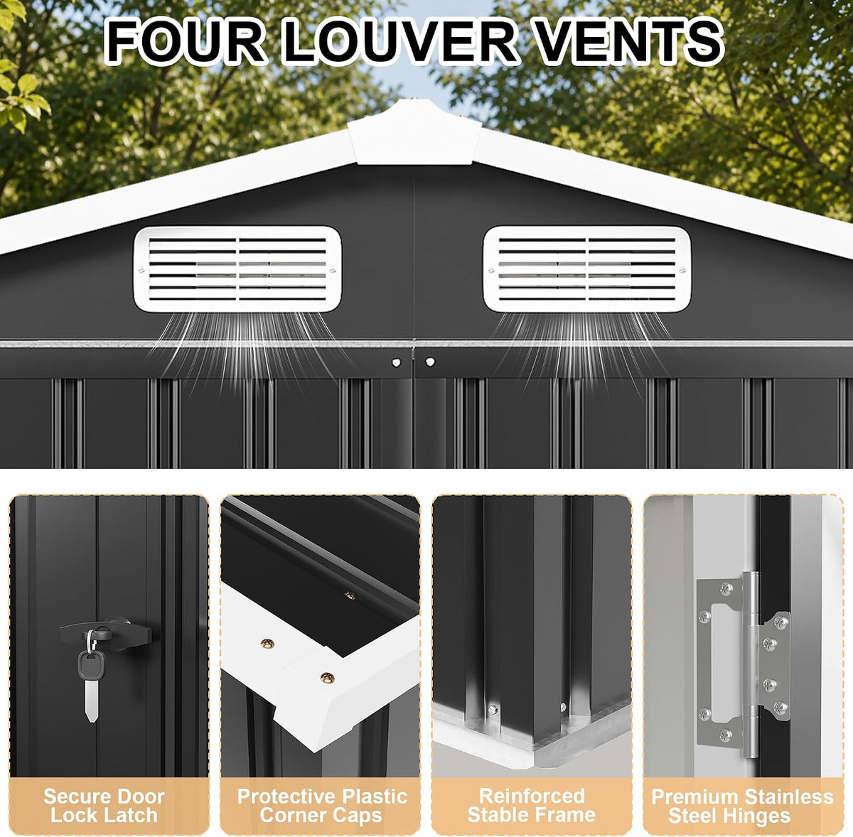 6x4ft outdoor storage shed, tool shed with sloping, close-up detail