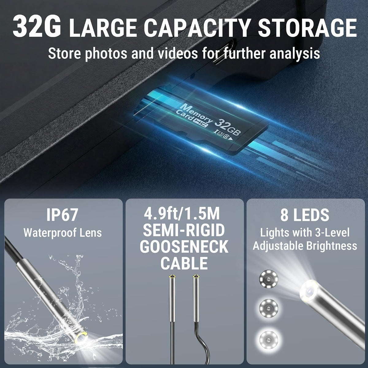 articulating borescope camera, 8mm borescope endoscope with 5", package contents