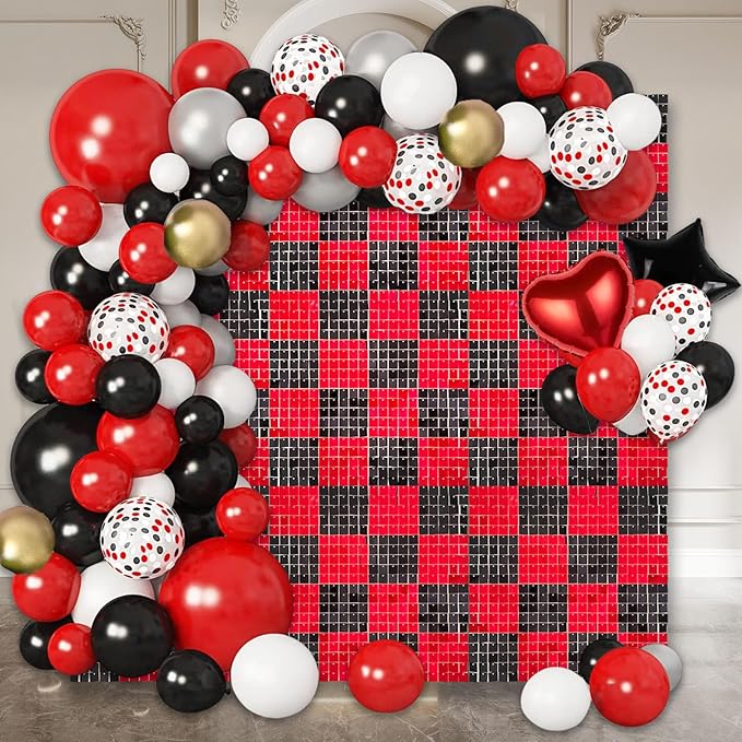 12PCS Black Red Shimmer Wall Backdrop, Square Sequin Photo Backdrops Panel, Glitter Wall Background for Birthdays, Weddings, Christmas, Halloween, Disco Bachelorette Party Decor (3FTx4FT)