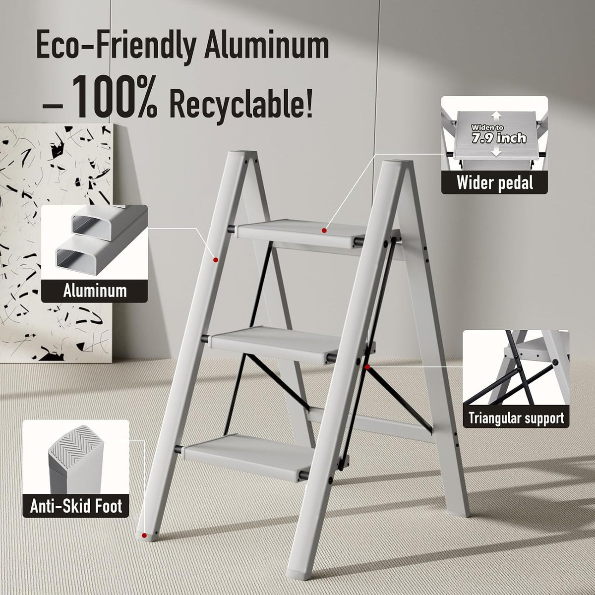 Mayi Plus 3 Step Stool Foldable, Aluminum, Lightweight Step Ladder
