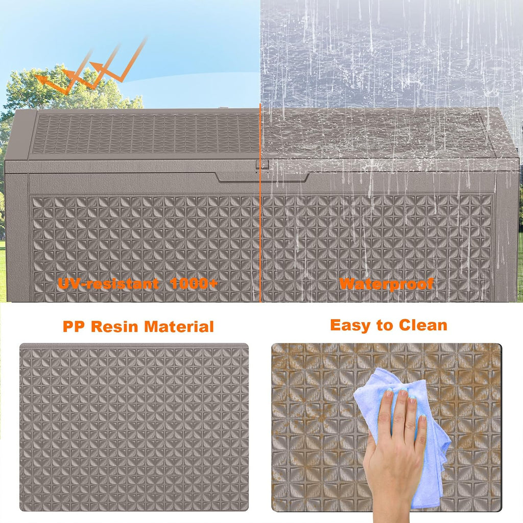 drato 110 gallon deck boxes outdoor waterproof, resin showing dimensions