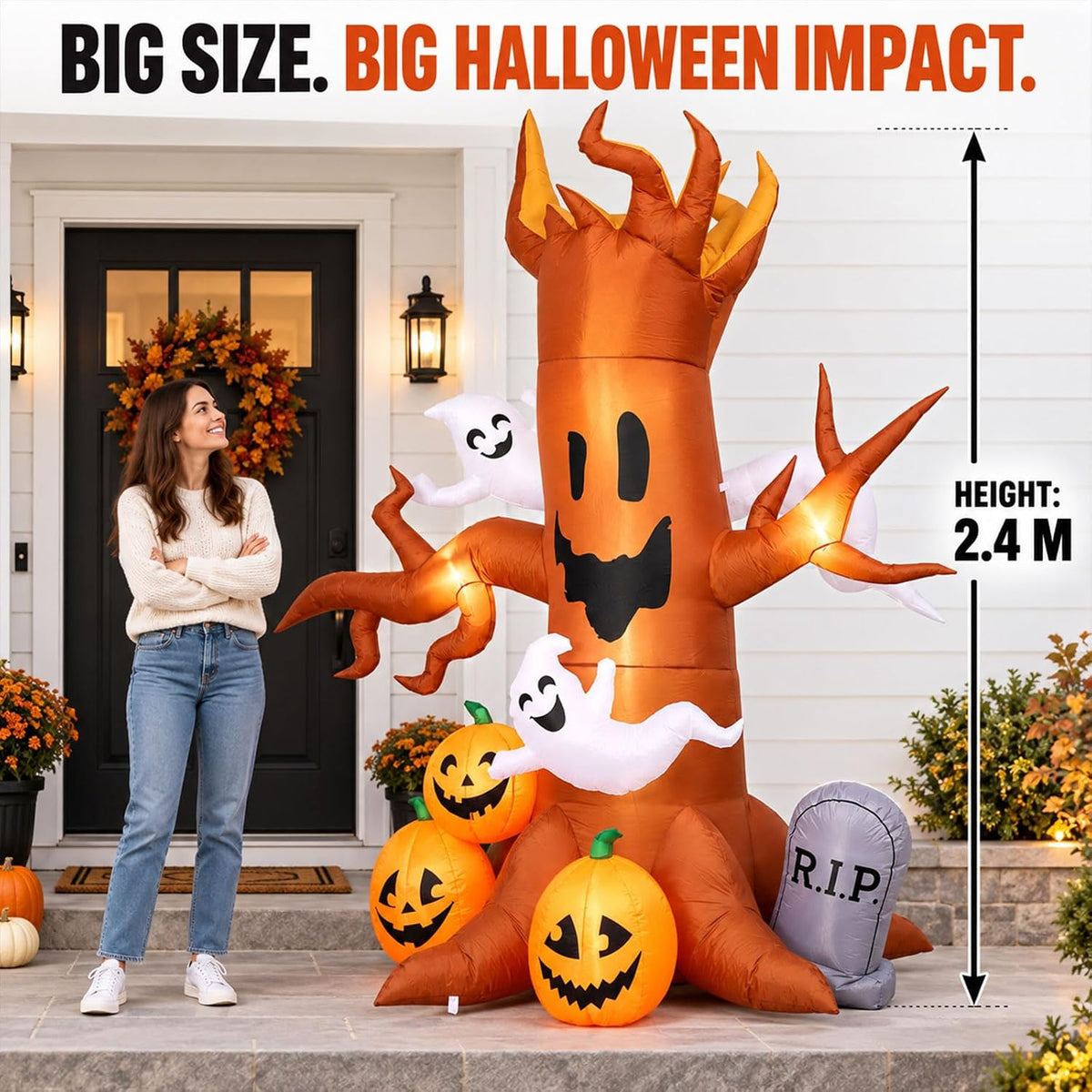 8FT Halloween Inflatable Ghost Tree Decoration with Pumpkins, Tombstone