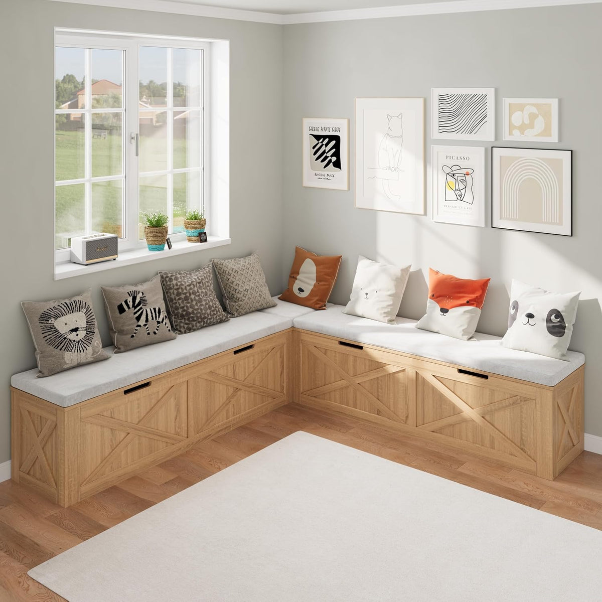 Bobve L-Shape Storage Bench with Cushion, Backless Corner Dining Bench, Kitchen Dining Nook Bench with Hidden Storage for Dining Room, Kitchen, Entryway (Wood+White)