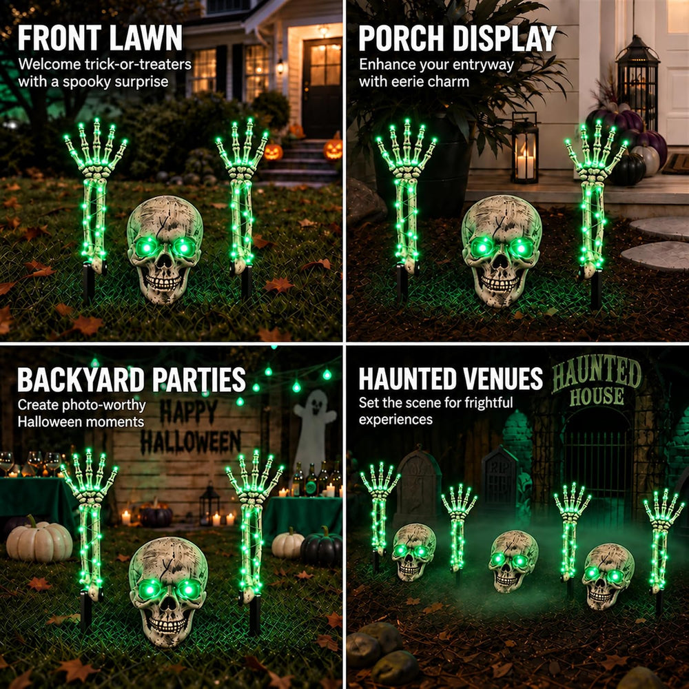 Halloween Skeleton Decorations Outdoor, 3-Piece Green LED Yard Stakes, Skull ...
