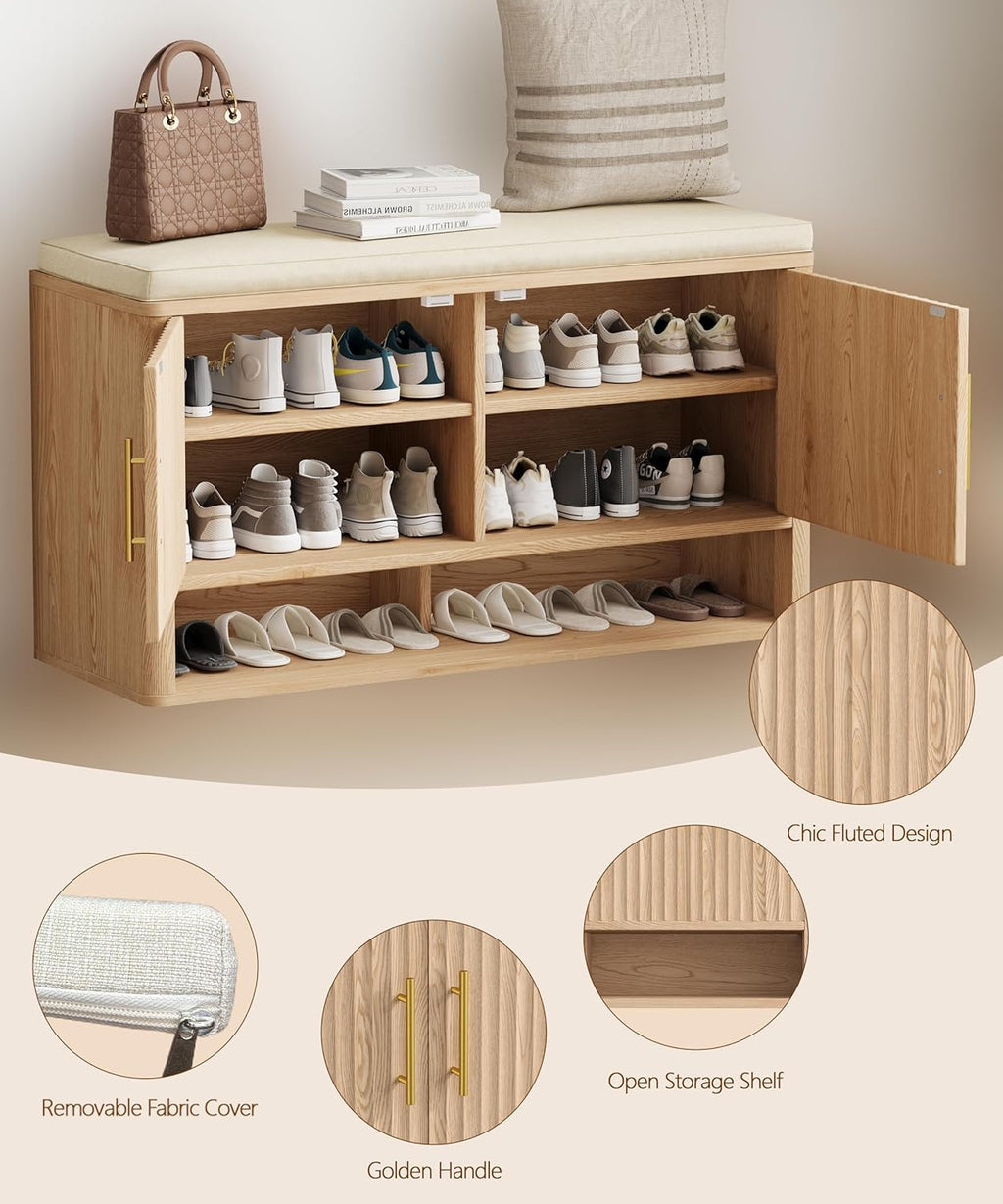 fluted shoe storage bench, entryway bench with adjustable showing dimensions