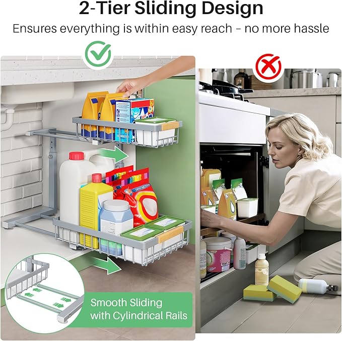 Kitstorack Under Sink Organizer, 2 Packs 2 Tier Under Sink Organizers and