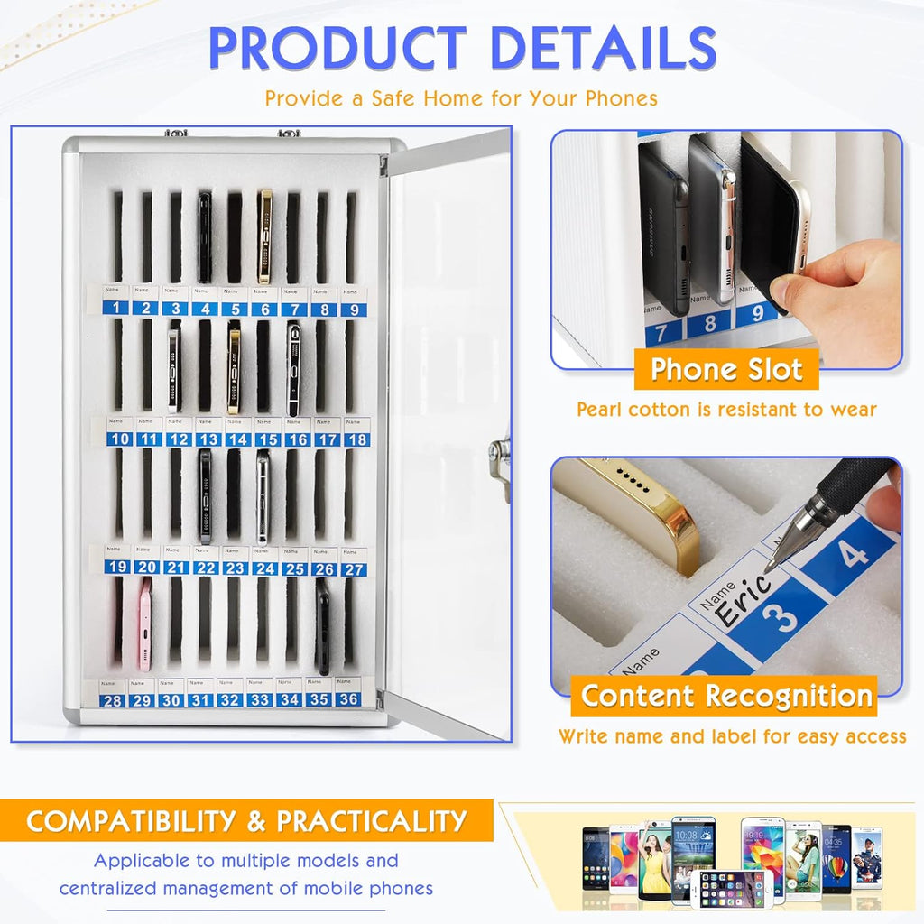 36 slots aluminum alloy cell phone locker, phone, side view