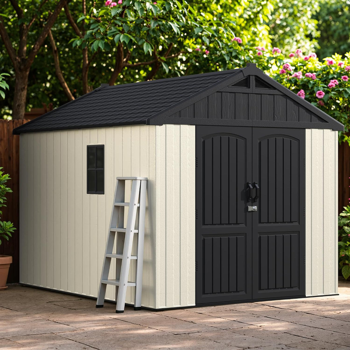 Greesum 8x10FT Plastic Outdoor Storage Shed with Floor, Resin Sheds, Beige