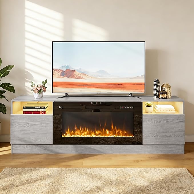 YISUFO 70" TV Stand with 36" Electric Fireplace, Large Modern Media
