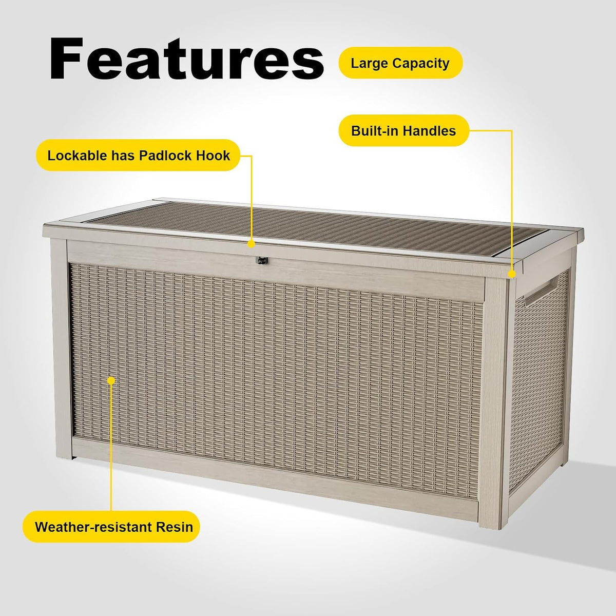 drato 320 gallon deck box, outdoor large waterproof on a desk or shelf