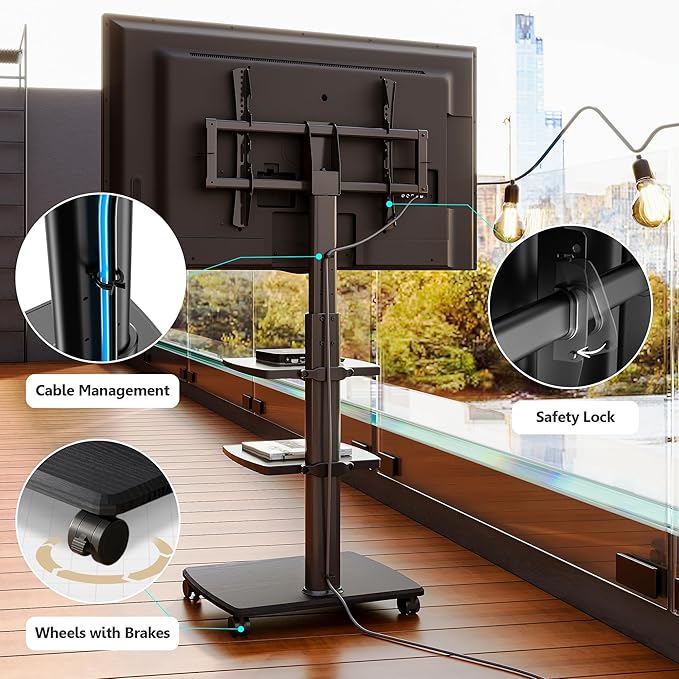 FITUEYES Swivel Rolling TV Stand, Height Adjustable Mobile TV Cart