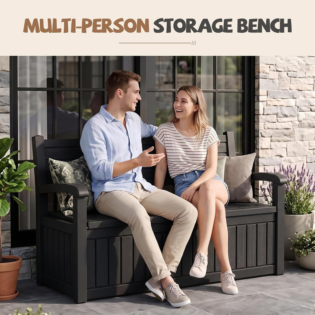 efu outdoor bench storage deck box waterproof wicker shown in use
