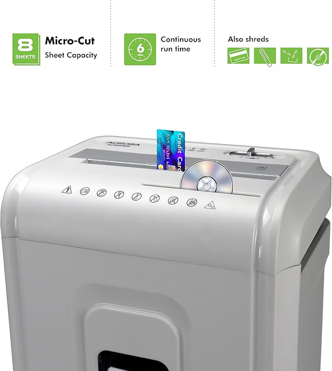 Aurora High-Security 8-Sheet Micro-Cut Paper, CD/DVD and Credit Card Shredder