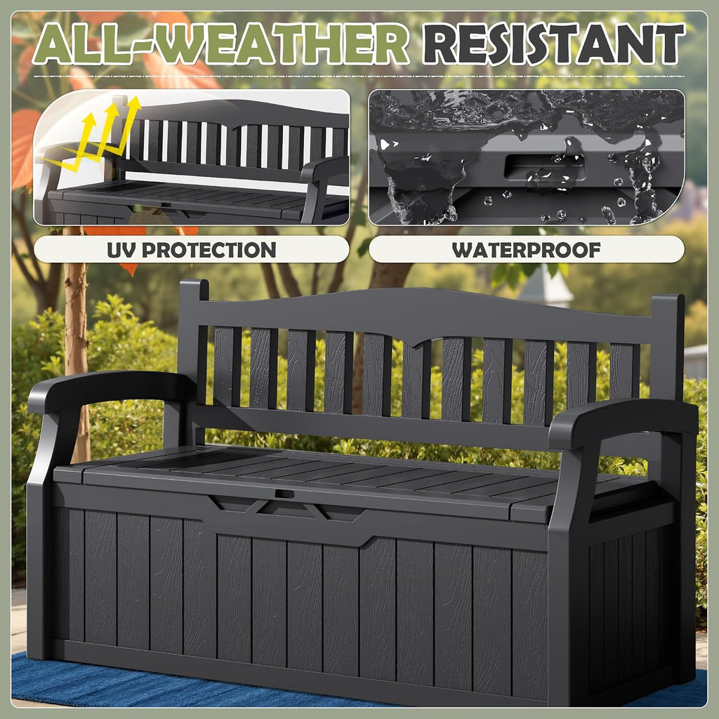 homall 75 gallon outdoor storage benches lockable deck showing dimensions