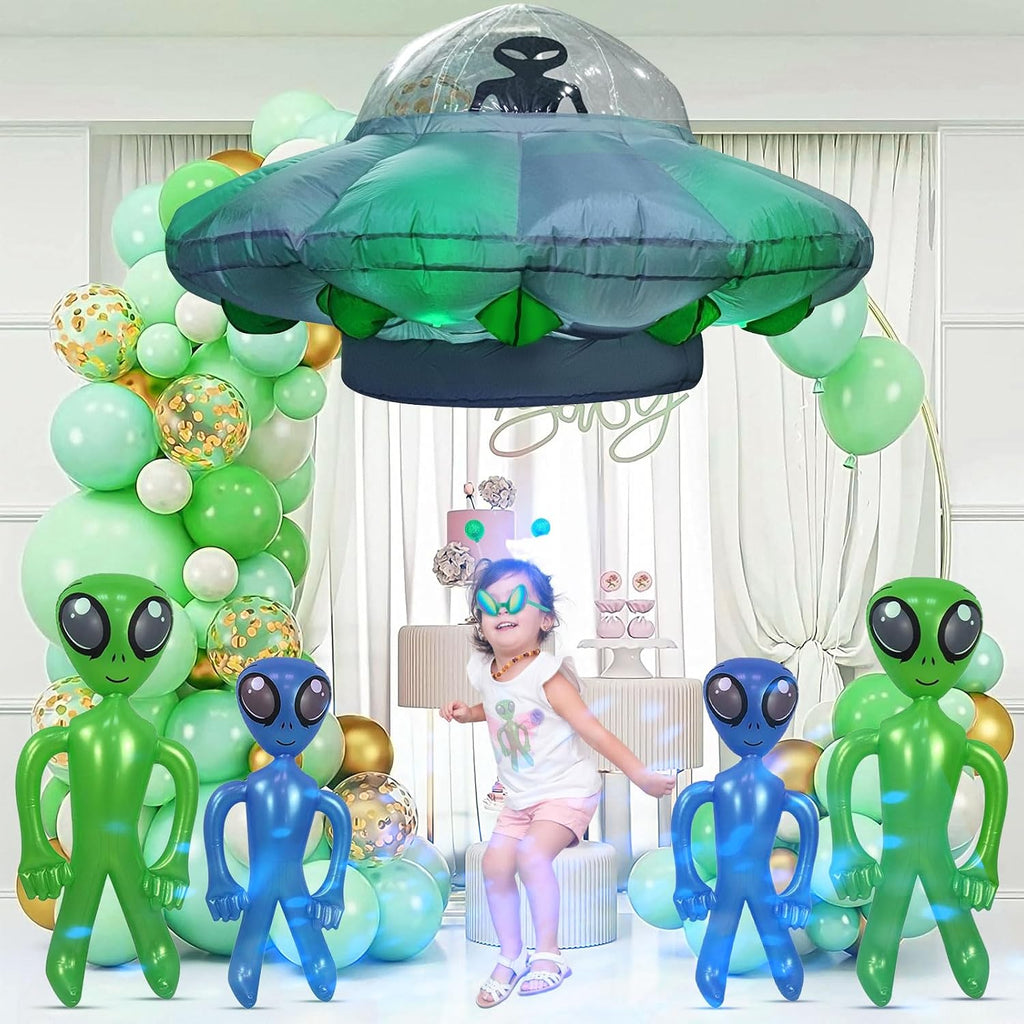 Alien Party Decorations 4.2FT Hanging UFO Cow Abduction Inflatable Alien Inflatable UFO Halloween Blow Up Built-in Green LED Blue&White Flashing Light with Cow Outdoor Indoor Home Garden Lawn Decor
