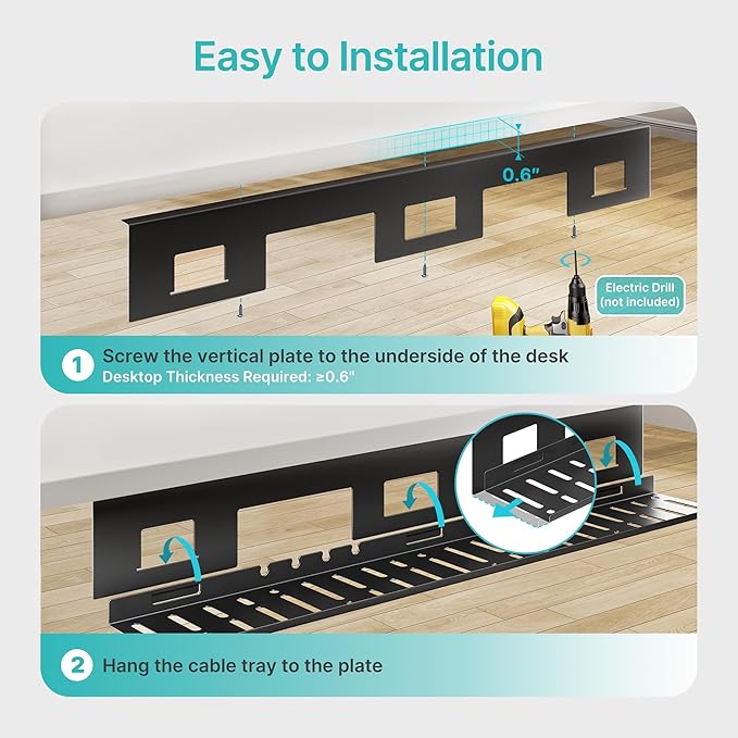 PEGZONE Under Desk Cable Management Tray, 31.5 Inches Metal Cord Organizer Rack