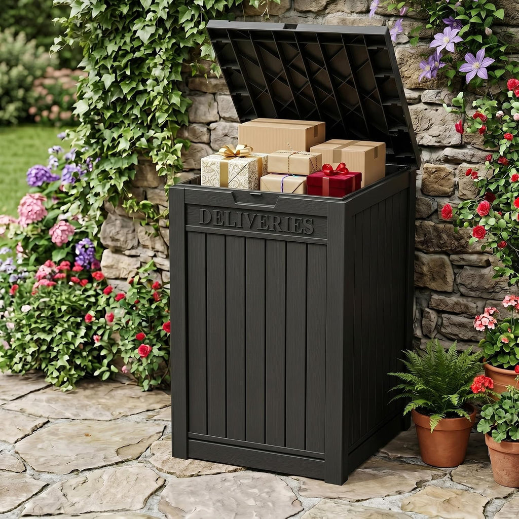 outdoor storage box,90 gallon waterproof package delivery boxes on a desk or shelf