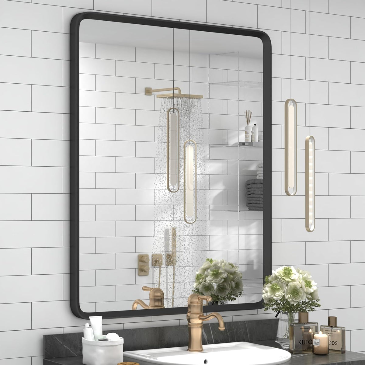 24x32 Black Bathroom Mirror, Rounded Rectangle Mirror, Shatterproof