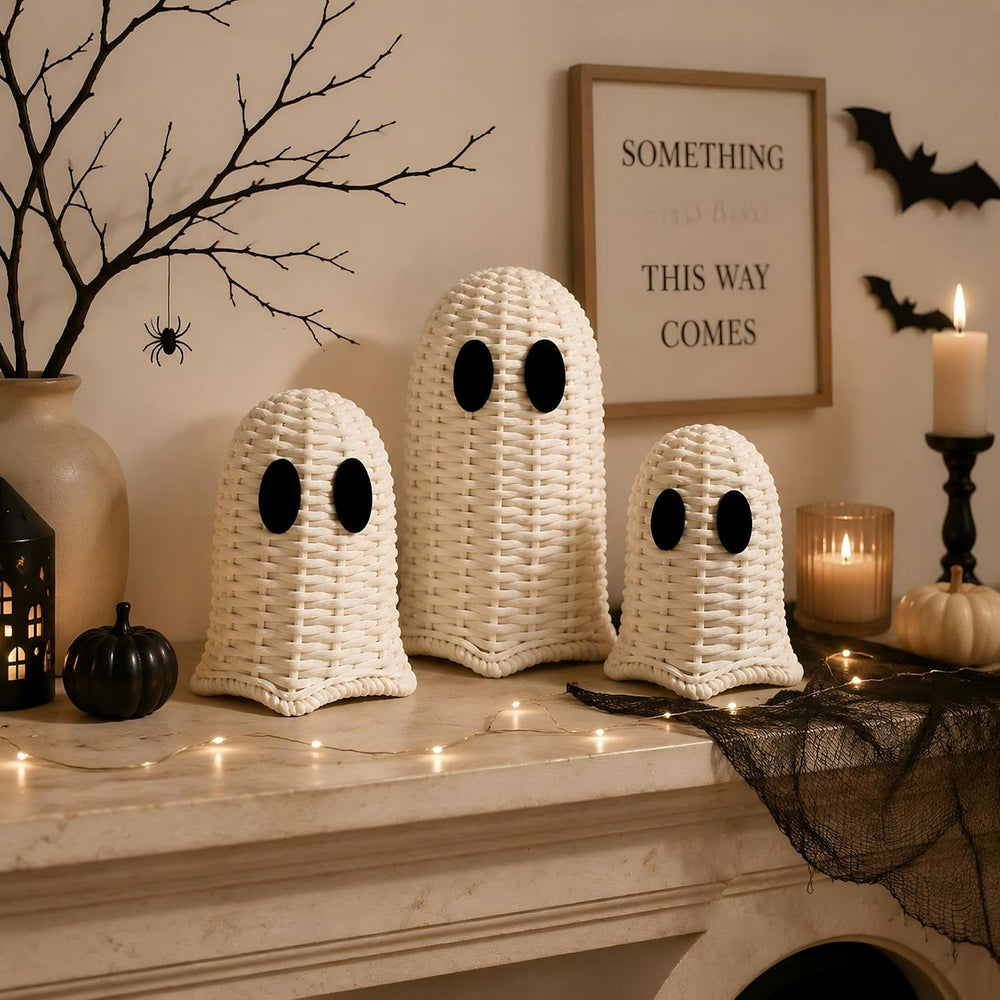 Geelin White 3 Pcs Halloween Rattan Wicker Ghosts Decoration Cute Farmhouse G...
