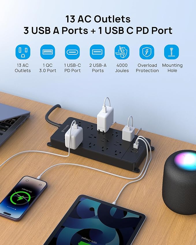 TROND Surge Protector Power Strip 15 ft, Flat Plug Extension Cord