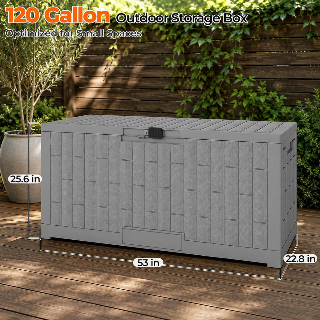 outdoor storage box, 120 gallon waterproof resin patio, close-up detail
