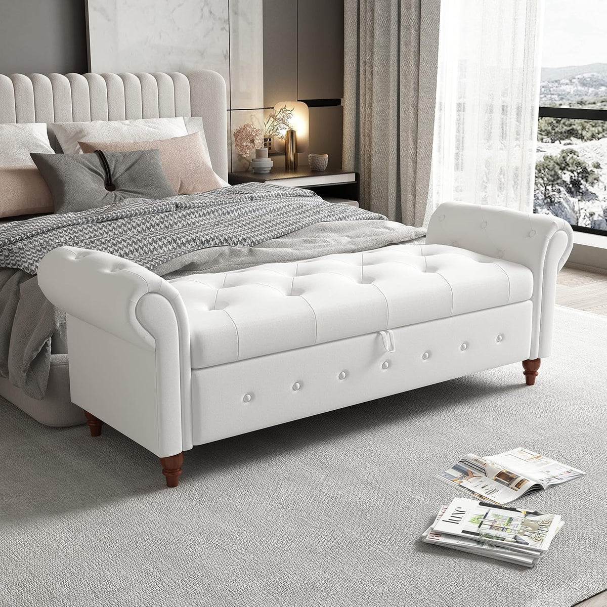 NIOIIKIT 63'' Storage Ottoman Bench, Tufted Entryway Bench White Polyester