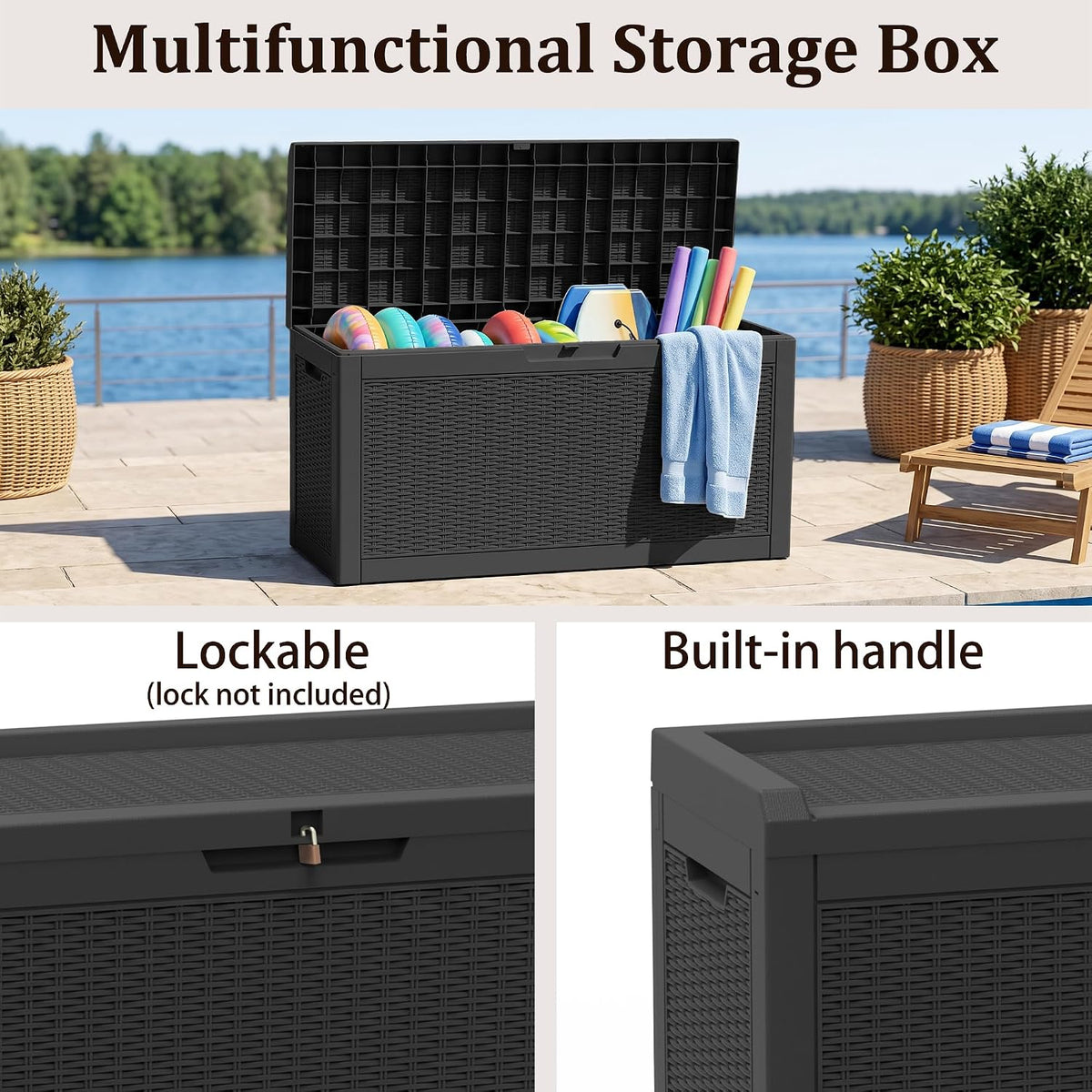 outdoor storage box,90 gallon lockable deck box,black, close-up detail