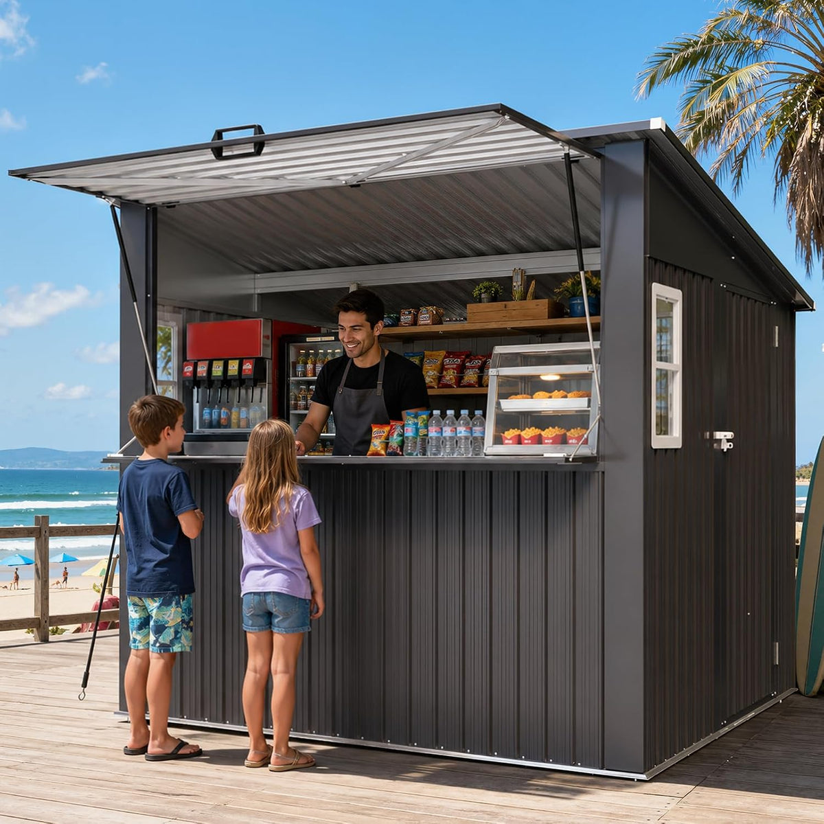 Aoxun 8x7 FT Outdoor Bar Shed with Canopy Dark Gray