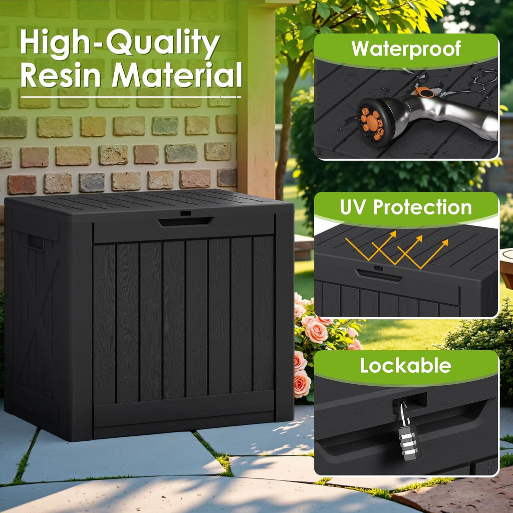 greesum 40 gallon outdoor deck box, resin storage shown in use