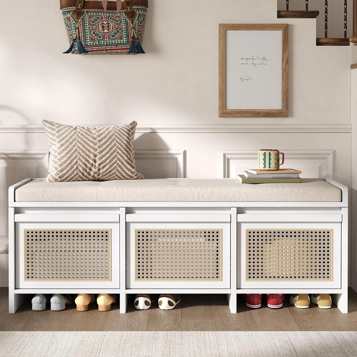 lumisol 48" entryway shoe bench, retro storage bench showing dimensions