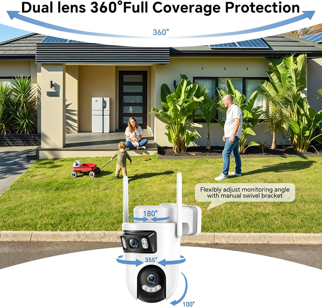 Dual Lens Security Camera Outdoor, 2.4GHz WiFi Cameras for Home Security, 360° View Pan/Tilt with Color Night Vision, 2K Full HD Video, 2-Way Audio, Works with Alexa, Motion Detection, Auto Tracking
