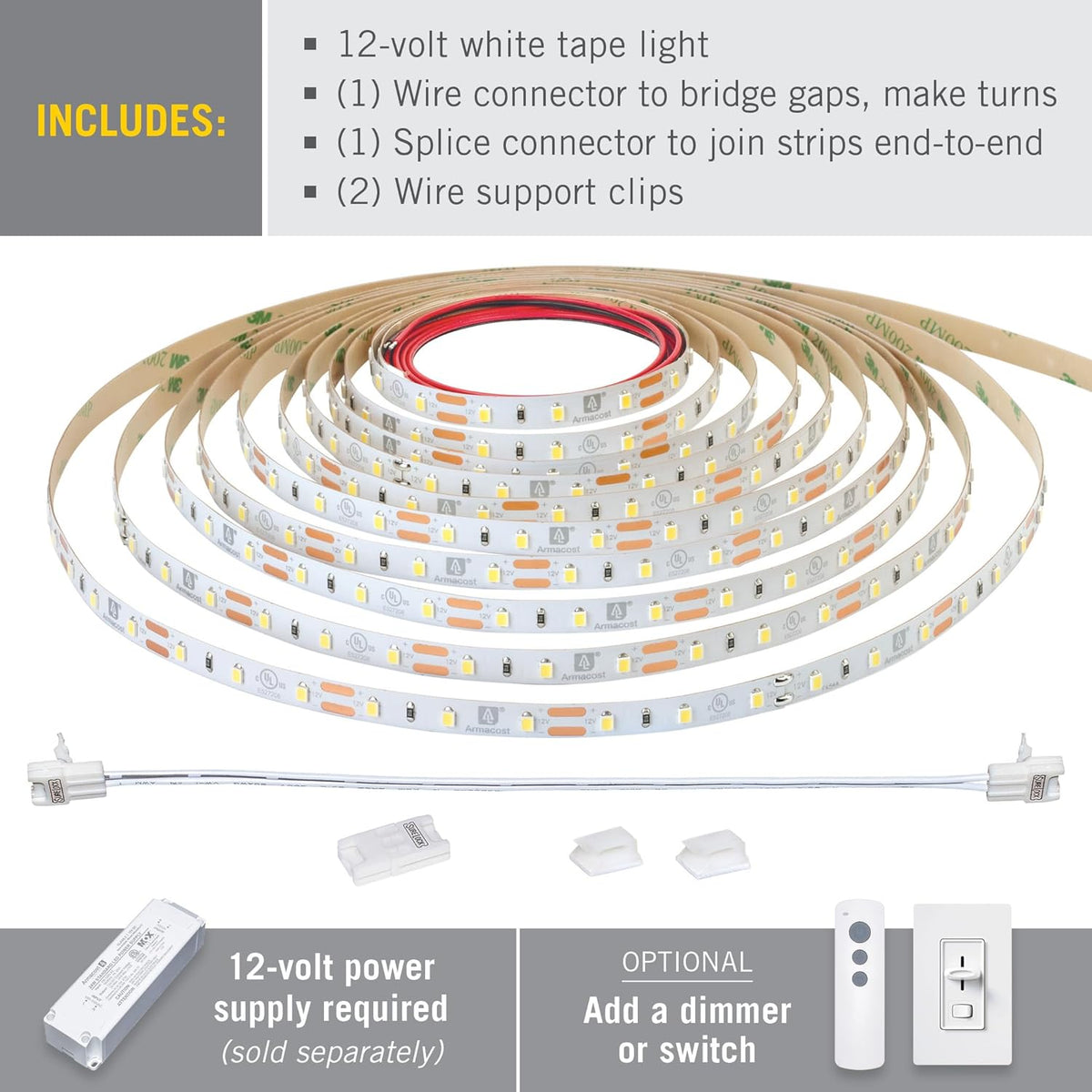 Armacost Lighting RibbonFlex Pro 12V White LED Strip Lights 60 LED/m, 3000K, 20 ft, 142240N
